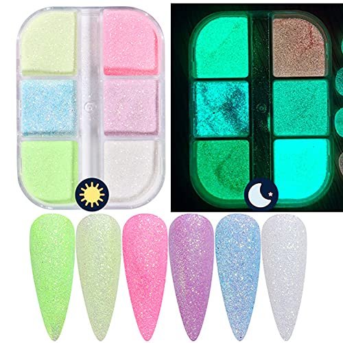 Holographic Luminous Nail Powder Glitter Kit - 6 Colors 3D Sparkly Fluorescent Pigments for Acrylic Nails, Mermaid Shimmer Design Manicure Tips - görsel 4
