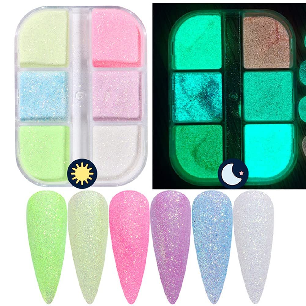 Holographic Luminous Nail Powder Glitter Kit - 6 Colors 3D Sparkly Fluorescent Pigments for Acrylic Nails, Mermaid Shimmer Design Manicure Tips - görsel 3