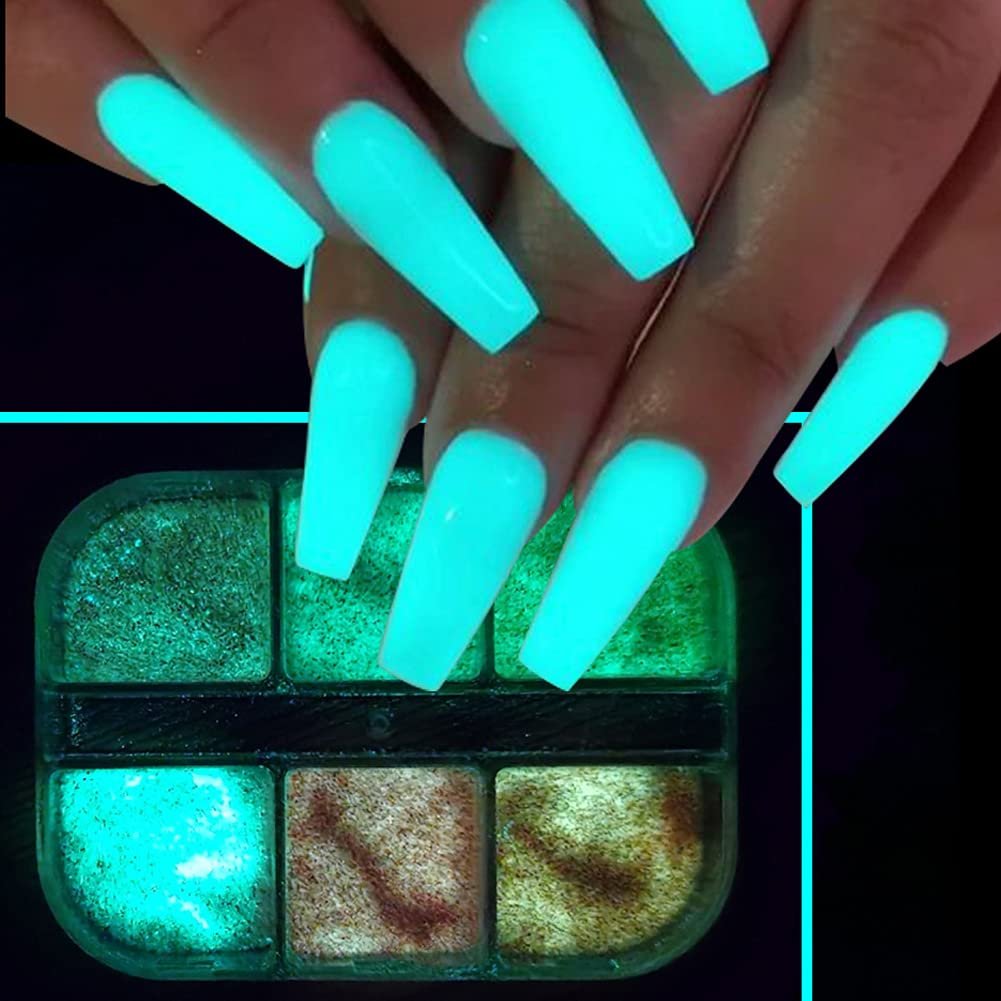 Holographic Luminous Nail Powder Glitter Kit - 6 Colors 3D Sparkly Fluorescent Pigments for Acrylic Nails, Mermaid Shimmer Design Manicure Tips - görsel 5