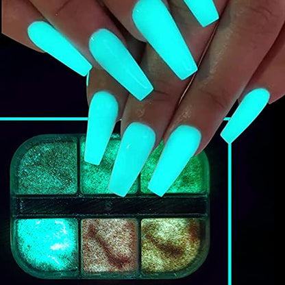 Holographic Luminous Nail Powder Glitter Kit - 6 Colors 3D Sparkly Fluorescent Pigments for Acrylic Nails, Mermaid Shimmer Design Manicure Tips