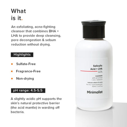 Minimalist 2% Salicylic Acid Face Wash for Oily, Acne Prone Skin | Anti Acne Face Wash With LHA & Zinc | Sulphate Free Gentle BHA Liquid Exfoliant | For Women & Men | 3.4 Fl Oz / 100 ml
