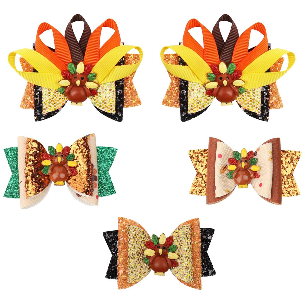 Whaline Large Thanksgiving Hair Bow Clips 5 Pack - Glitter Turkey Bow Hair Barrette Seasonal Hairgrips for Girls Toddlers Teens Autumn Fall Party Hairstyle Accessories - görsel 1