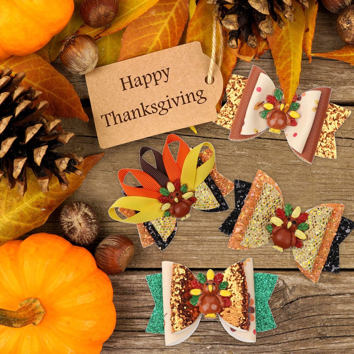 Whaline Large Thanksgiving Hair Bow Clips 5 Pack - Glitter Turkey Bow Hair Barrette Seasonal Hairgrips for Girls Toddlers Teens Autumn Fall Party Hairstyle Accessories - görsel 7