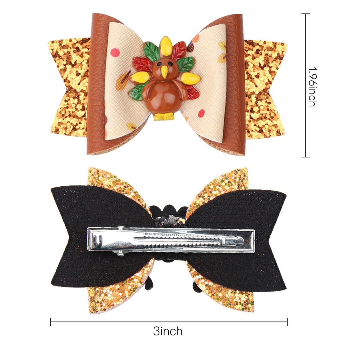 Whaline Large Thanksgiving Hair Bow Clips 5 Pack - Glitter Turkey Bow Hair Barrette Seasonal Hairgrips for Girls Toddlers Teens Autumn Fall Party Hairstyle Accessories - görsel 3