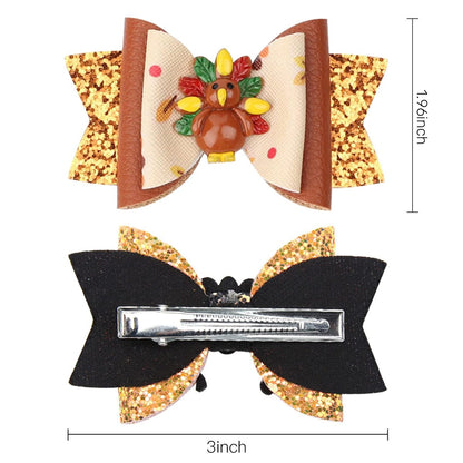 Whaline Large Thanksgiving Hair Bow Clips 5 Pack - Glitter Turkey Bow Hair Barrette Seasonal Hairgrips for Girls Toddlers Teens Autumn Fall Party Hairstyle Accessories