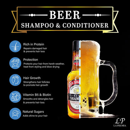 La Premia Beer Shampoo & Conditioner for Damage Free Hair - Original Yeast with Natural Ingredients, Biotin, Vitamin B5, Cruelty Free, 16.90 fl oz (Pack of 2)
