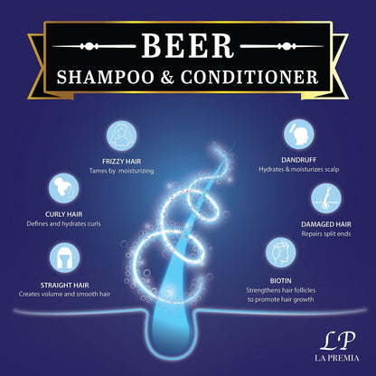 La Premia Beer Shampoo & Conditioner for Damage Free Hair - Original Yeast with Natural Ingredients, Biotin, Vitamin B5, Cruelty Free, 16.90 fl oz (Pack of 2)