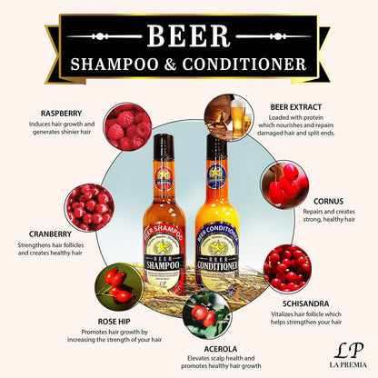 La Premia Beer Shampoo & Conditioner for Damage Free Hair - Original Yeast with Natural Ingredients, Biotin, Vitamin B5, Cruelty Free, 16.90 fl oz (Pack of 2)