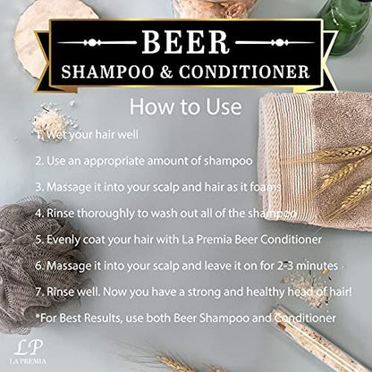 La Premia Beer Shampoo & Conditioner for Damage Free Hair - Original Yeast with Natural Ingredients, Biotin, Vitamin B5, Cruelty Free, 16.90 fl oz (Pack of 2)