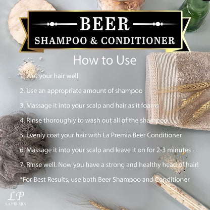La Premia Beer Shampoo & Conditioner for Damage Free Hair - Original Yeast with Natural Ingredients, Biotin, Vitamin B5, Cruelty Free, 16.90 fl oz (Pack of 2)