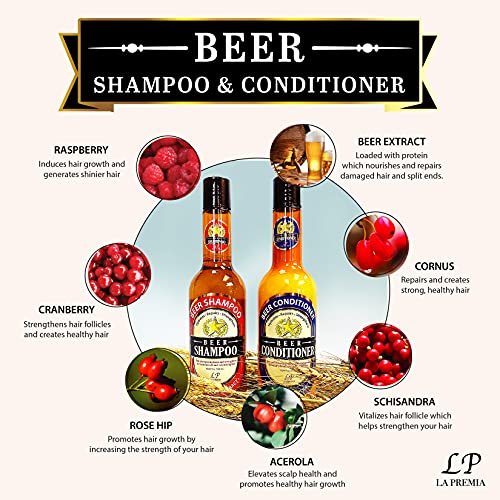 La Premia Beer Shampoo & Conditioner for Damage Free Hair - Original Yeast with Natural Ingredients, Biotin, Vitamin B5, Cruelty Free, 16.90 fl oz (Pack of 2) - görsel 4
