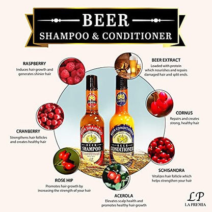 La Premia Beer Shampoo & Conditioner for Damage Free Hair - Original Yeast with Natural Ingredients, Biotin, Vitamin B5, Cruelty Free, 16.90 fl oz (Pack of 2)