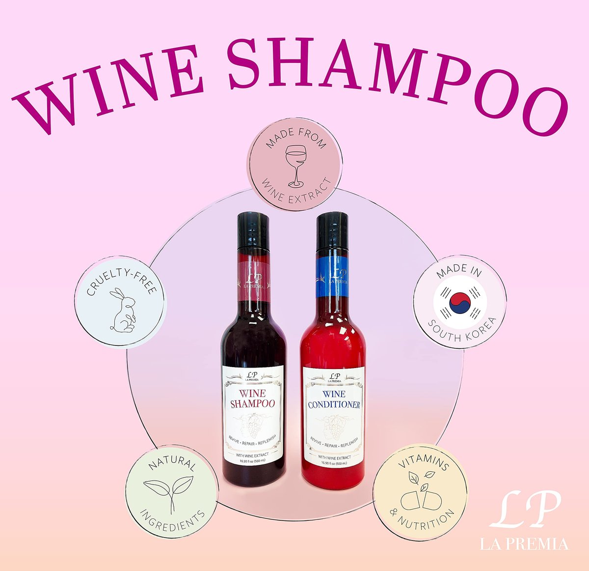 La Premia Wine Shampoo & Conditioner for Damage-Free Hair – Nourishes and Strengthens All Hair Types – Best Hair Care for Smooth and Shining Hair – 100% Color Safe for Men & Women, 16.90 fl oz - görsel 15