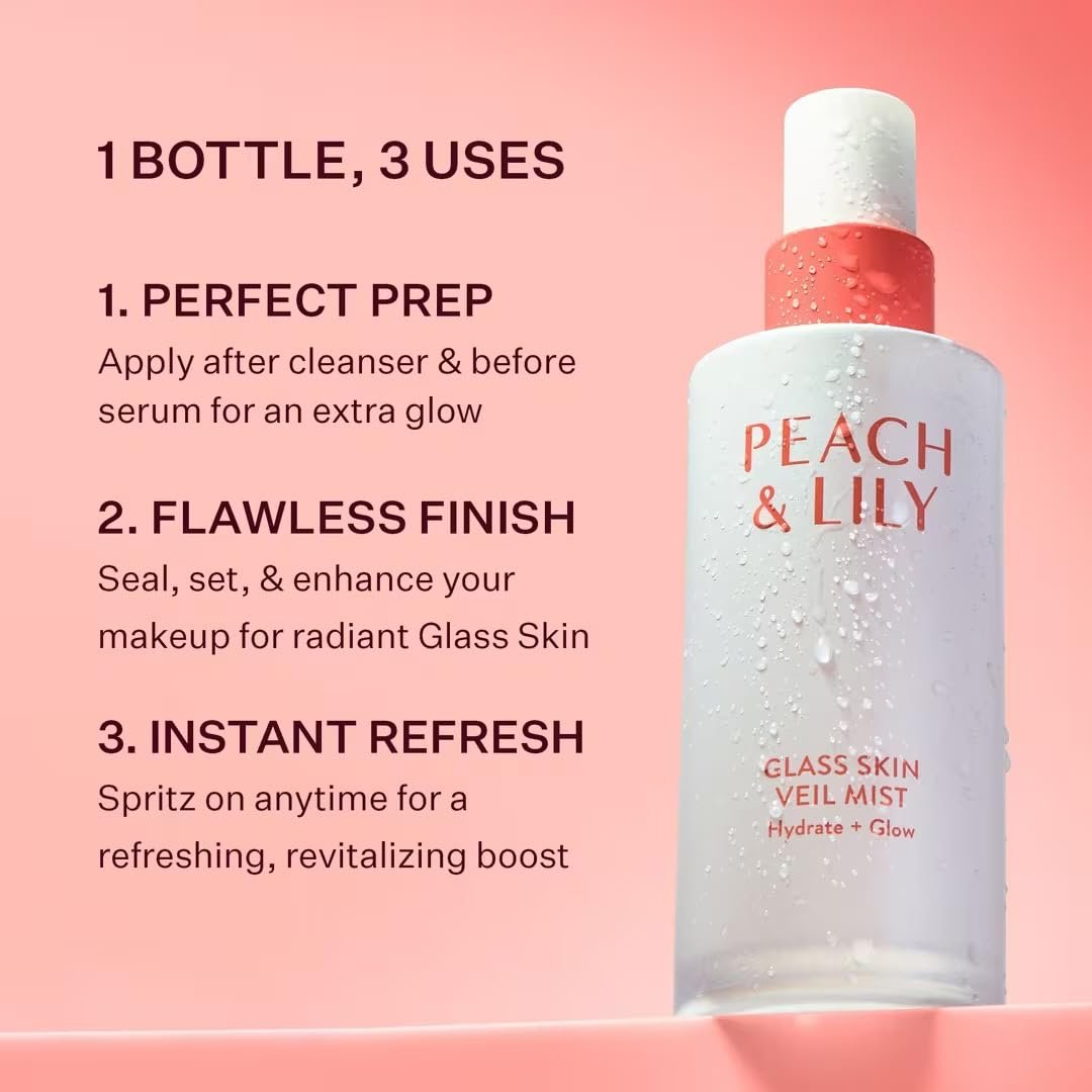 Peach & Lily Glass Skin Veil Mist - Hydrating Facial Mist with Cucumber Water, Lotus, Peach & Reishi Mushroom for Natural Glow - Vegan & Cruelty Free Korean Beauty (3.38 oz) Avelisse