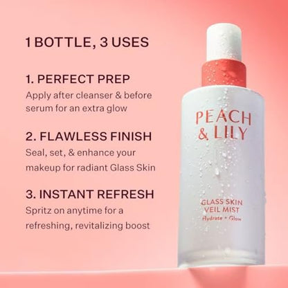 Peach & Lily Glass Skin Veil Mist - Hydrating Facial Mist with Cucumber Water, Lotus, Peach & Reishi Mushroom for Natural Glow - Vegan & Cruelty Free Korean Beauty (3.38 oz) Avelisse