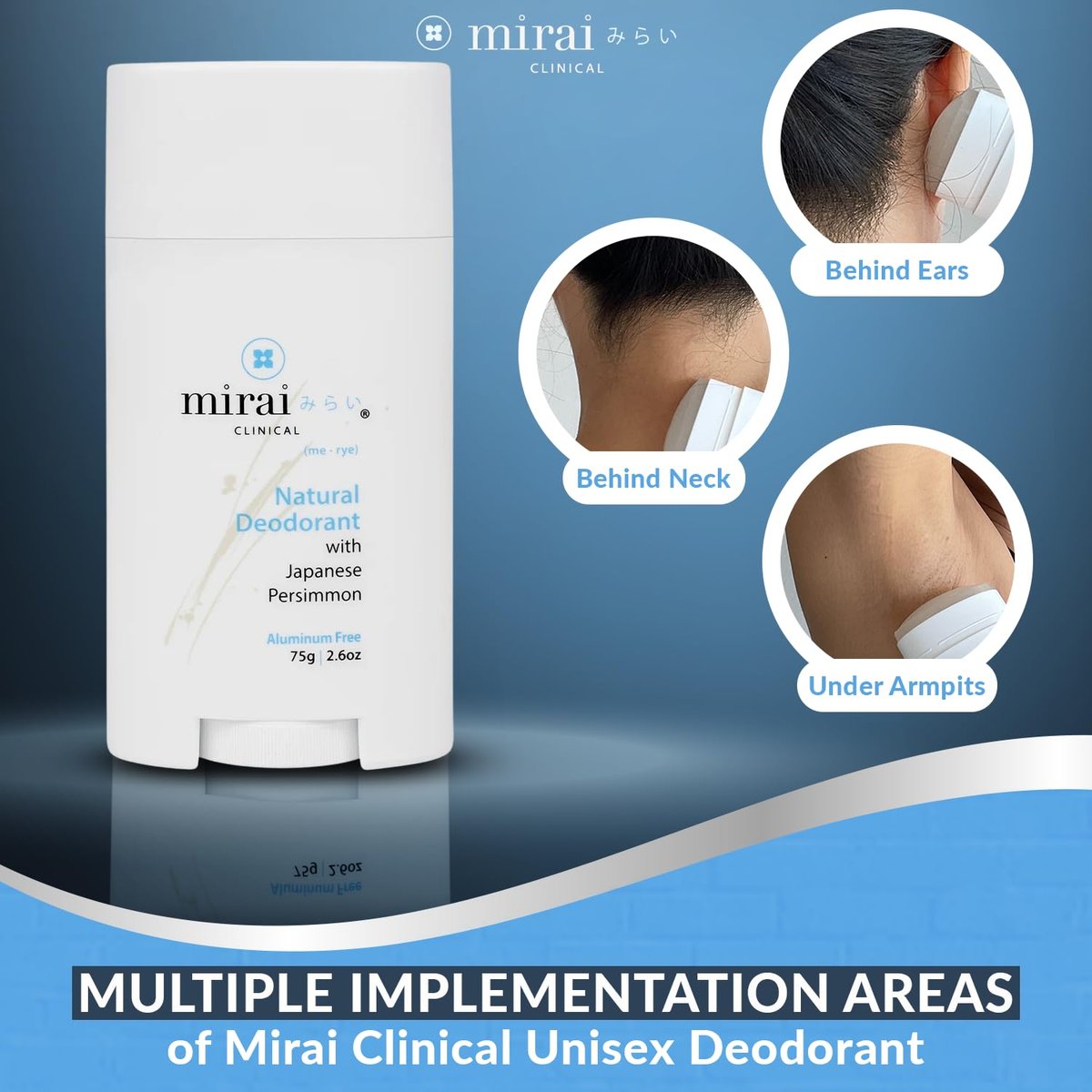 Mirai Clinical All Natural Deodorant - Japanese Persimmon Extract, Unscented, Aluminum-Free for Women and Men - 75g Avelisse