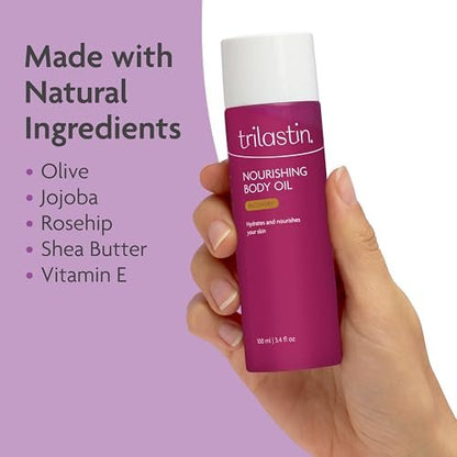 TriLASTIN Body Oil (3.4 oz) – Vitamin-Infused Stretch Mark Oil, Body Serum for Scars & Moisturizing, Paraben-Free, Hypoallergenic Avelisse