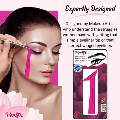 Vertex Eyeliner Stencils & Pencil Set - Waterproof Liquid Liner Tool for Beginners, Thin Angled Wing Tip & Cat Eye Stamp, Pink, 1 Count