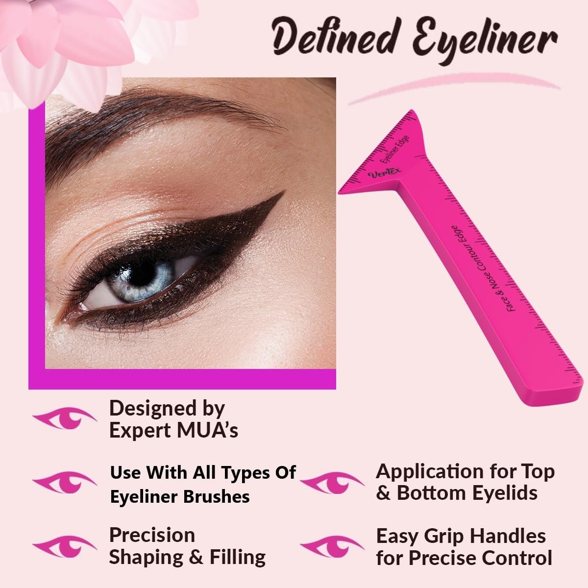 Vertex Eyeliner Stencils & Pencil Set - Waterproof Liquid Liner Tool for Beginners, Thin Angled Wing Tip & Cat Eye Stamp, Pink, 1 Count - görsel 8