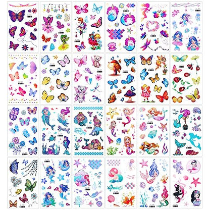 Konsait Glitter Temporary Tattoo for Girls – 24 Sheets Butterfly Mermaid Fairy Flower Tattoo Stickers for Kids, Waterproof Fake Tattoos for Birthday Party Favors Goodie Bags Stuffers