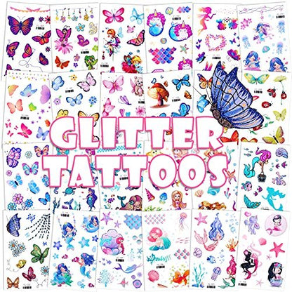 Konsait Glitter Temporary Tattoo for Girls – 24 Sheets Butterfly Mermaid Fairy Flower Tattoo Stickers for Kids, Waterproof Fake Tattoos for Birthday Party Favors Goodie Bags Stuffers