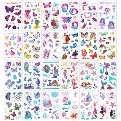 Konsait Glitter Temporary Tattoo for Girls – 24 Sheets Butterfly Mermaid Fairy Flower Tattoo Stickers for Kids, Waterproof Fake Tattoos for Birthday Party Favors Goodie Bags Stuffers