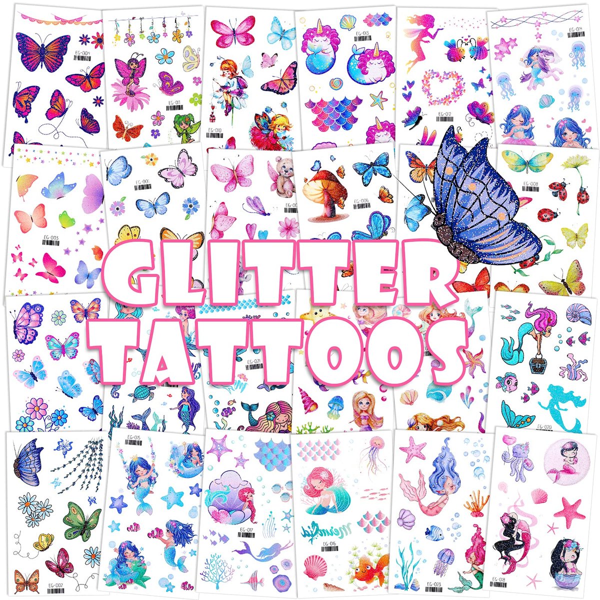 Konsait Glitter Temporary Tattoo for Girls – 24 Sheets Butterfly Mermaid Fairy Flower Tattoo Stickers for Kids, Waterproof Fake Tattoos for Birthday Party Favors Goodie Bags Stuffers - görsel 2