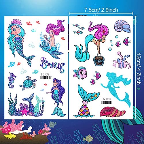 Konsait Glitter Temporary Tattoo for Girls – 24 Sheets Butterfly Mermaid Fairy Flower Tattoo Stickers for Kids, Waterproof Fake Tattoos for Birthday Party Favors Goodie Bags Stuffers - görsel 3