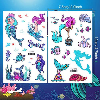 Konsait Glitter Temporary Tattoo for Girls – 24 Sheets Butterfly Mermaid Fairy Flower Tattoo Stickers for Kids, Waterproof Fake Tattoos for Birthday Party Favors Goodie Bags Stuffers