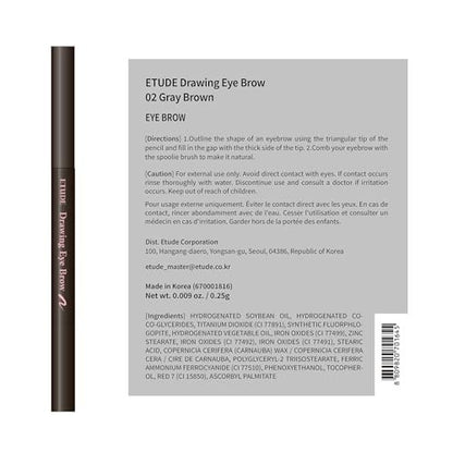 ETUDE Drawing Eye Brow #2 Grey Brown - Long Lasting Natural Eyebrow Pencil for Daily Look