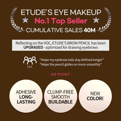 ETUDE Drawing Eye Brow #2 Grey Brown - Long Lasting Natural Eyebrow Pencil for Daily Look
