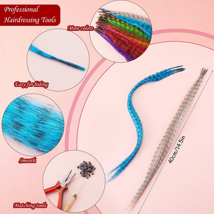 Xinnun 52 Pcs Colored Hair Feathers Extension Kit - 13 Colors Long Straight Synthetic Hair Feathers with Micro Ring Crochet Hook & Remover Plier for Women, Cosplay, Party Avelisse