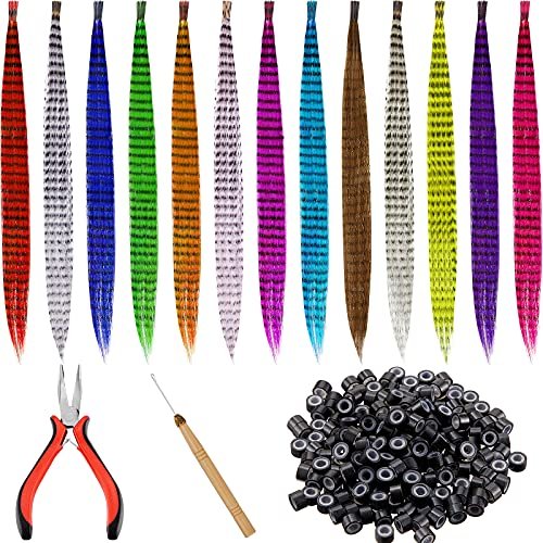 Xinnun 52 Pcs Colored Hair Feathers Extension Kit - 13 Colors Long Straight Synthetic Hair Feathers with Micro Ring Crochet Hook & Remover Plier for Women, Cosplay, Party Avelisse