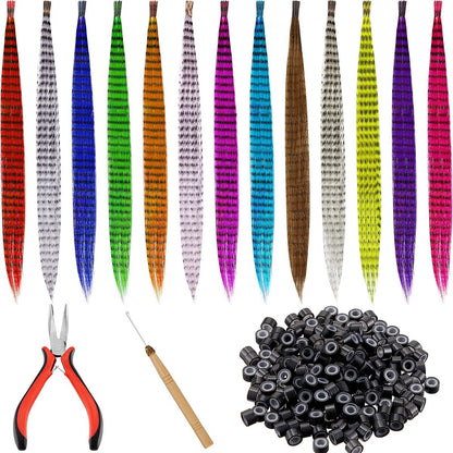 Xinnun 52 Pcs Colored Hair Feathers Extension Kit - 13 Colors Long Straight Synthetic Hair Feathers with Micro Ring Crochet Hook & Remover Plier for Women, Cosplay, Party Avelisse
