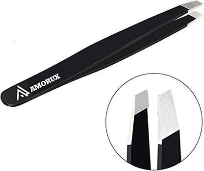 AMORUX Professional Stainless Steel Eyebrow Tweezers for Women - Precision Facial Hair Removal, Ingrown Hair & Splinter Tweezer, Black