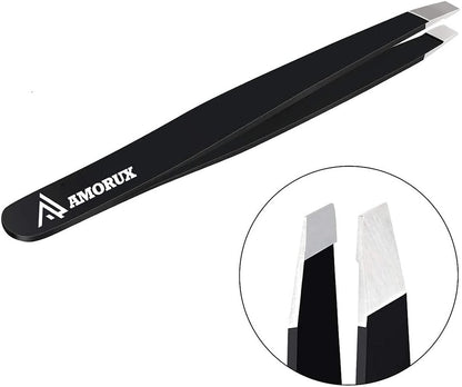 AMORUX Professional Stainless Steel Eyebrow Tweezers for Women - Precision Facial Hair Removal, Ingrown Hair & Splinter Tweezer, Black