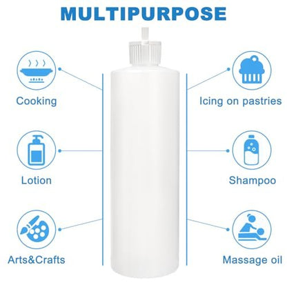 Bekith 12 Pack 16oz Plastic Squeeze Bottles with 24 Caps - Refillable BPA-Free Bottles for Shampoo, Lotion, Body Wash, Sauces Avelisse