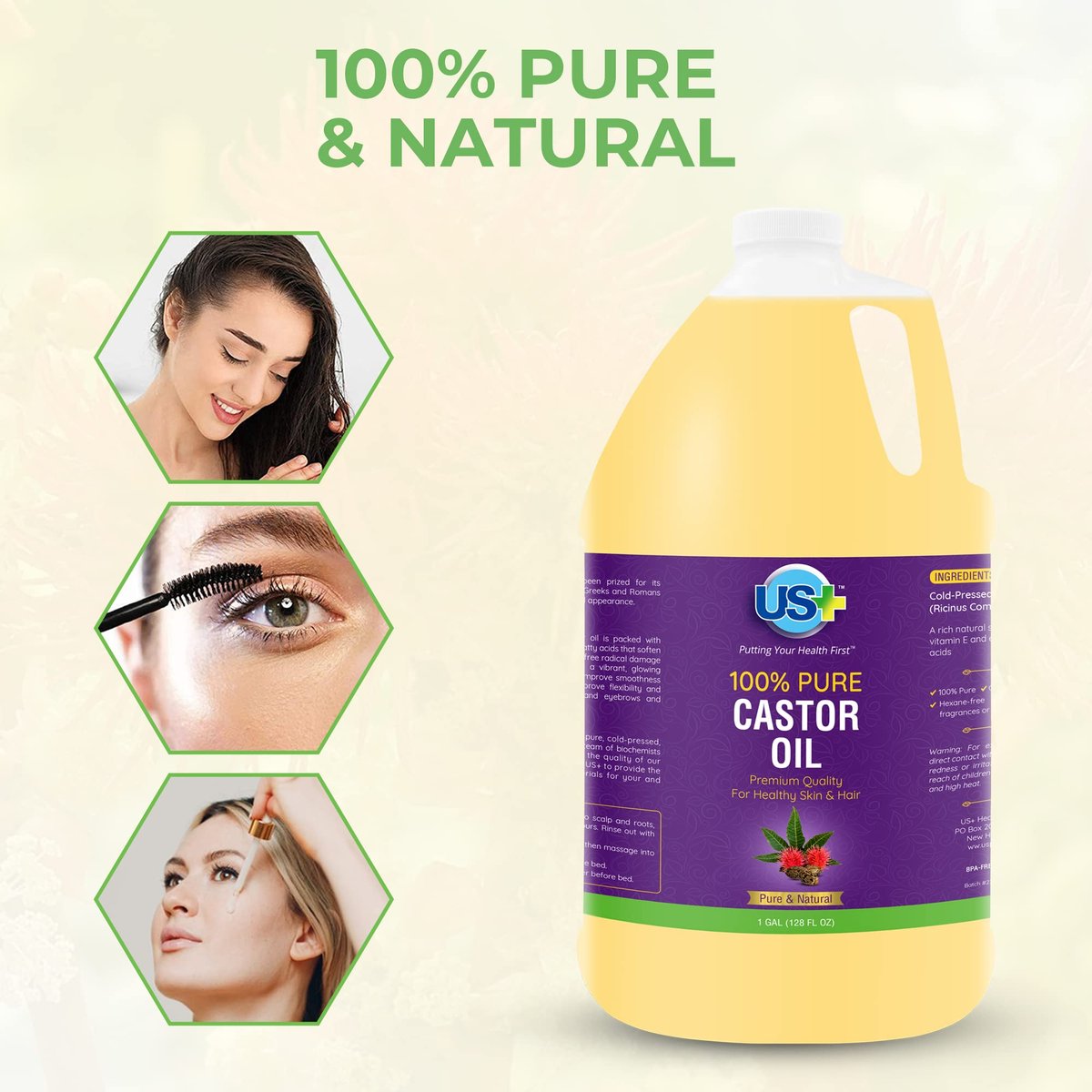 100% Pure Castor Oil - Cold-Pressed, Unrefined, Hexane-Free - Premium Quality USP Grade (1 Gallon) Avelisse