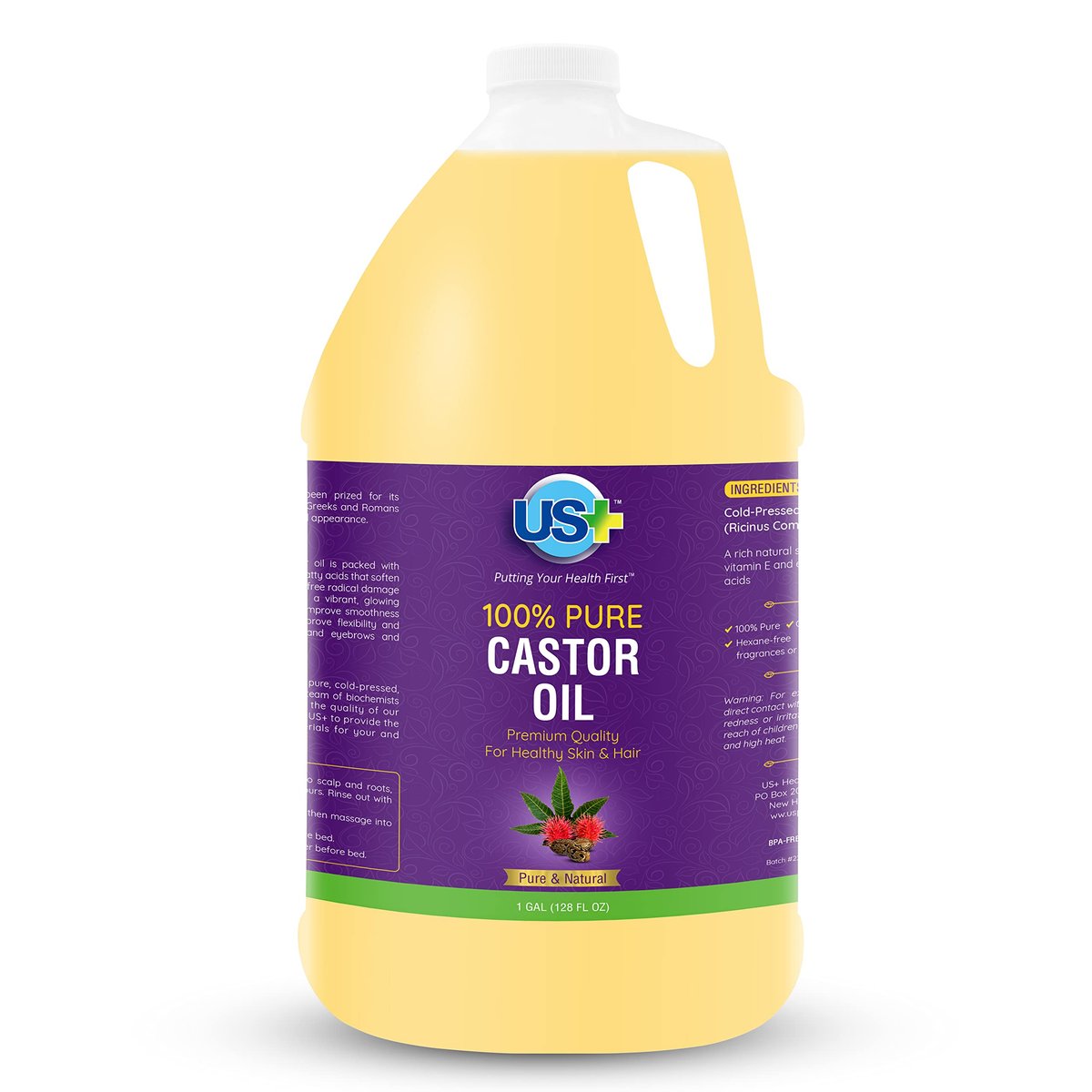 100% Pure Castor Oil - Cold-Pressed, Unrefined, Hexane-Free - Premium Quality USP Grade (1 Gallon) Avelisse