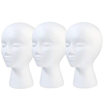 BALABALA 3 Pack Foam Wig Head Stand - White Styrofoam Mannequin Head with Long Neck for Wig Display, Hat Holder, Salon & Travel Avelisse