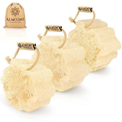 ALMOONI Mini Natural Loofah Sponge - Real Egyptian Exfoliating Loofah - Small Shower Scrubber for Perfect Grip - 3 Count
