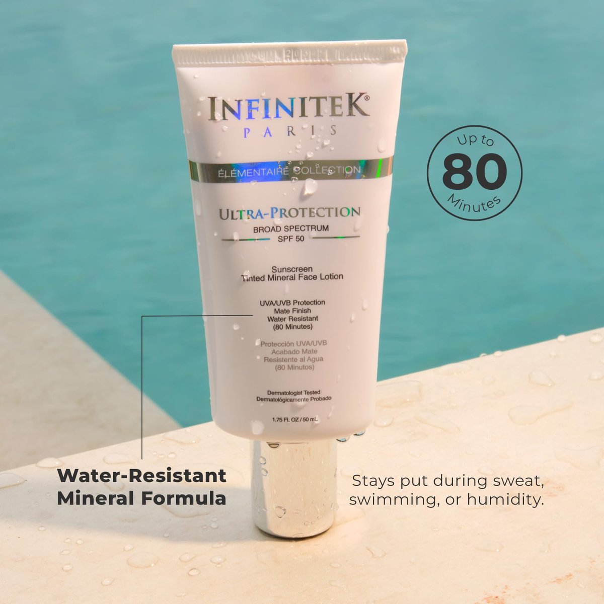 Infinitek Paris Tinted Mineral Face Sunscreen SPF 50 – Matte Finish, Water Resistant, Blue Light Protection (1.75 fl oz / 50 ml) Avelisse