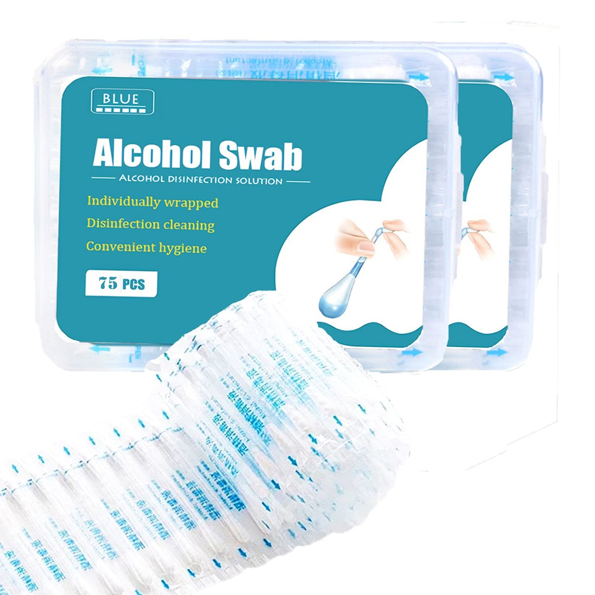 HUNWEY 100+50 Alcohol Swabs Cotton Individually Wrapped Disposable Swabsticks - Sanitary First Aid Kit for Women & Men (75 Count, Pack of 2) Avelisse