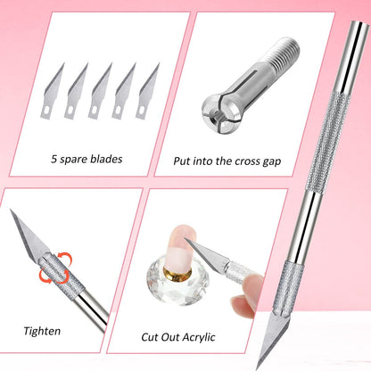 3-Piece Acrylic Nail Tool Kit - French Tip Cutter, Manicure Edge Trimmer, Smile Line Cutter, Cutting Knife & Acrylic Nail Art Brush - Silver