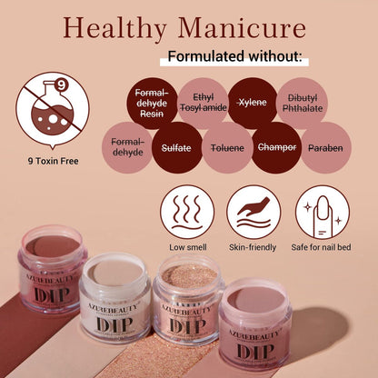 AZUREBEAUTY Dip Powder Nail Kit Starter - 4 Colors Skin Nude Brown Glitter, Dipping Powder Liquid Set with Base/Top Coat Activator for Daily French Nail Art Manicure DIY Gift (12 Pcs) Avelisse