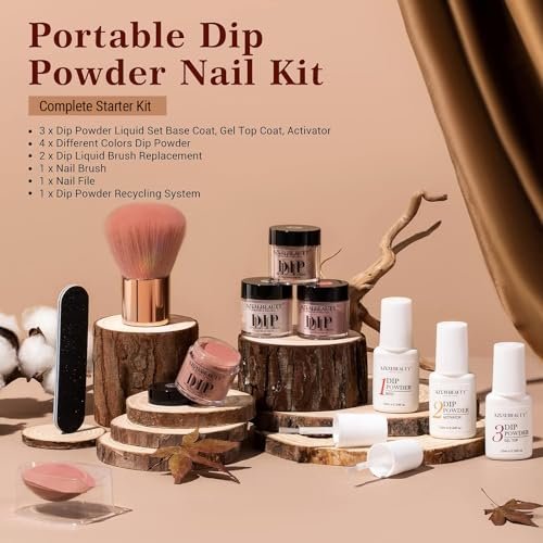 AZUREBEAUTY Dip Powder Nail Kit Starter - 4 Colors Skin Nude Brown Glitter, Dipping Powder Liquid Set with Base/Top Coat Activator for Daily French Nail Art Manicure DIY Gift (12 Pcs) Avelisse