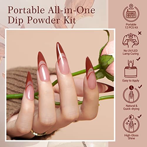 AZUREBEAUTY Dip Powder Nail Kit Starter - 4 Colors Skin Nude Brown Glitter, Dipping Powder Liquid Set with Base/Top Coat Activator for Daily French Nail Art Manicure DIY Gift (12 Pcs) Avelisse