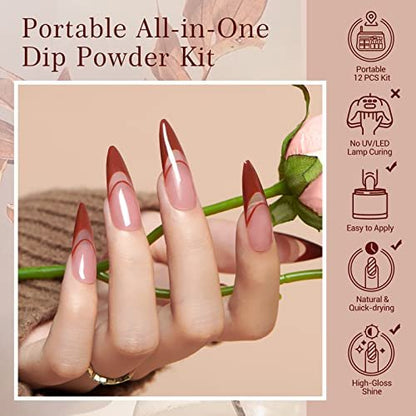 AZUREBEAUTY Dip Powder Nail Kit Starter - 4 Colors Skin Nude Brown Glitter, Dipping Powder Liquid Set with Base/Top Coat Activator for Daily French Nail Art Manicure DIY Gift (12 Pcs) Avelisse