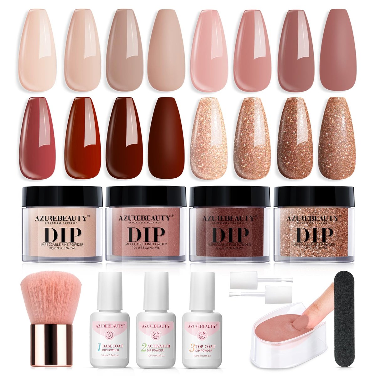 AZUREBEAUTY Dip Powder Nail Kit Starter - 4 Colors Skin Nude Brown Glitter, Dipping Powder Liquid Set with Base/Top Coat Activator for Daily French Nail Art Manicure DIY Gift (12 Pcs) Avelisse