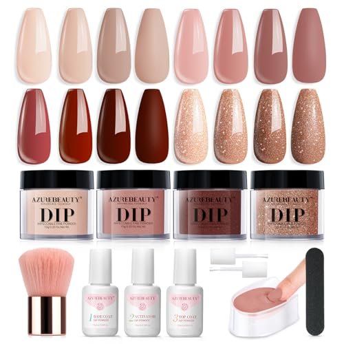 AZUREBEAUTY Dip Powder Nail Kit Starter - 4 Colors Skin Nude Brown Glitter, Dipping Powder Liquid Set with Base/Top Coat Activator for Daily French Nail Art Manicure DIY Gift (12 Pcs) Avelisse